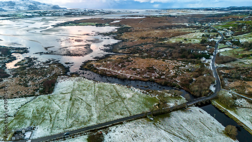 Aerial view of a snow covered Ardara and Owenea river in County Donegal - Ireland photo