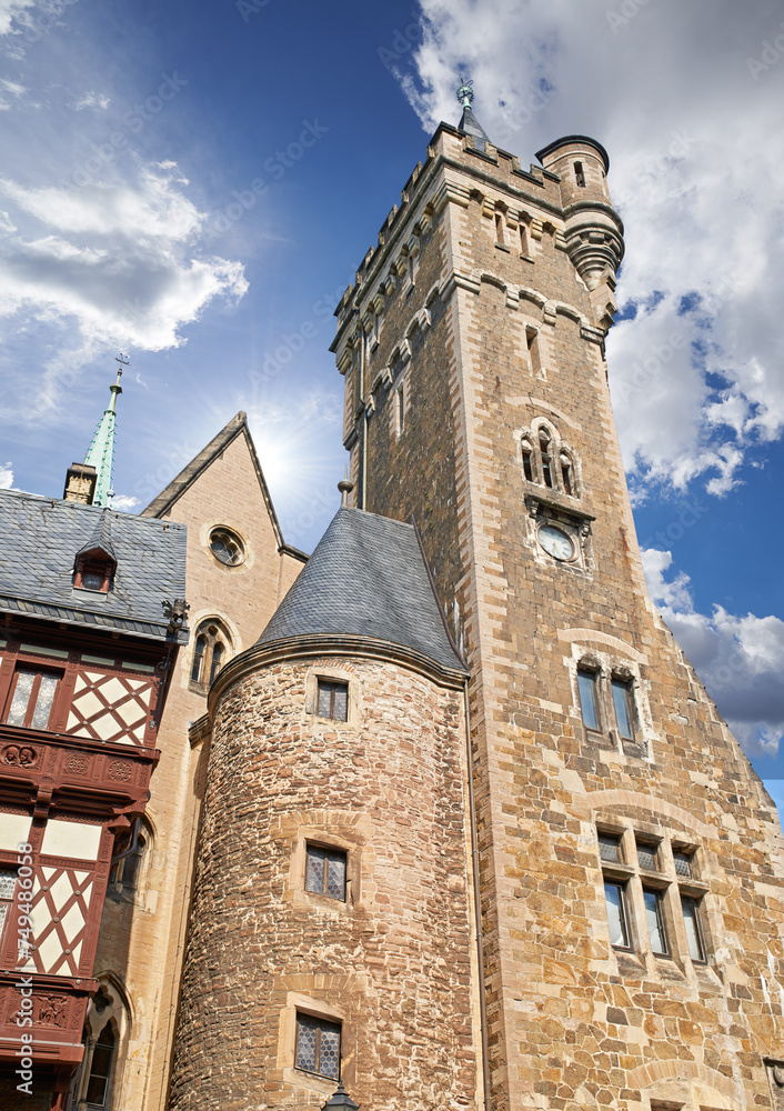 Architecture, building and history of Germany, temple or arcade in outdoor environment. Traditional castle, museum and artistic walls in landscape clouds, blue sky and rocks or marble for design