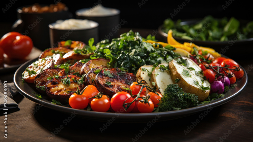Black plate with many appetizing vegetables on a black table, copy space Black plate with many appetizing vegetables on a black table, copy space