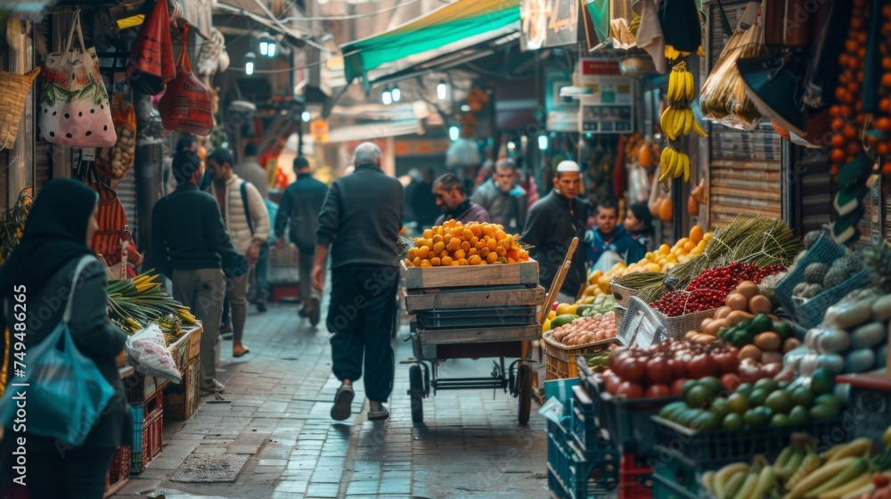A busy market scene with vendors selling fresh fruits and vegetables as shoppers walk through the narrow passageways, exploring the vibrant stalls.