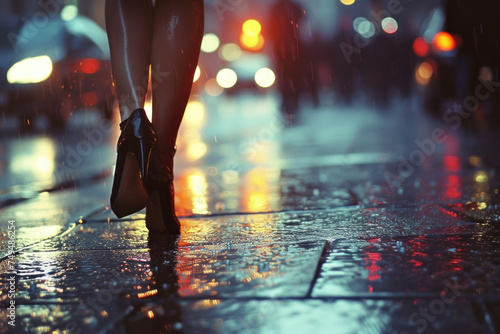 Woman's legs walking in rain on wet city street at night, urban lifestyle concept in rainy weather with reflections on pavement