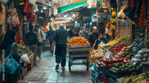 A busy market scene with vendors selling fresh fruits and vegetables as shoppers walk through the narrow passageways, exploring the vibrant stalls.
