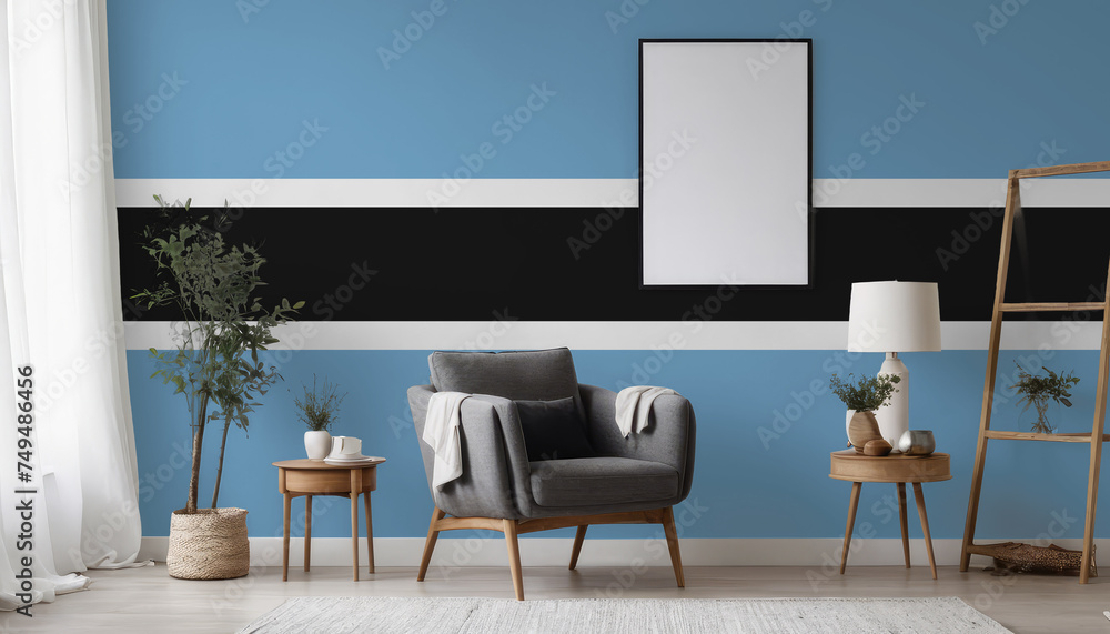 Fototapeta premium Medicine and healthcare concept Botswana flag on the wall in the interior of the room. Concept of buying and selling real estate, mortgages in the Botswana