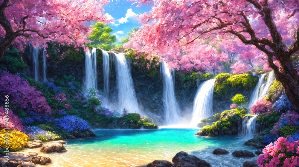 Fototapeta premium A beautiful paradise land full of flowers, sakura trees, rivers and waterfalls, a blooming and magical idyllic Eden garden