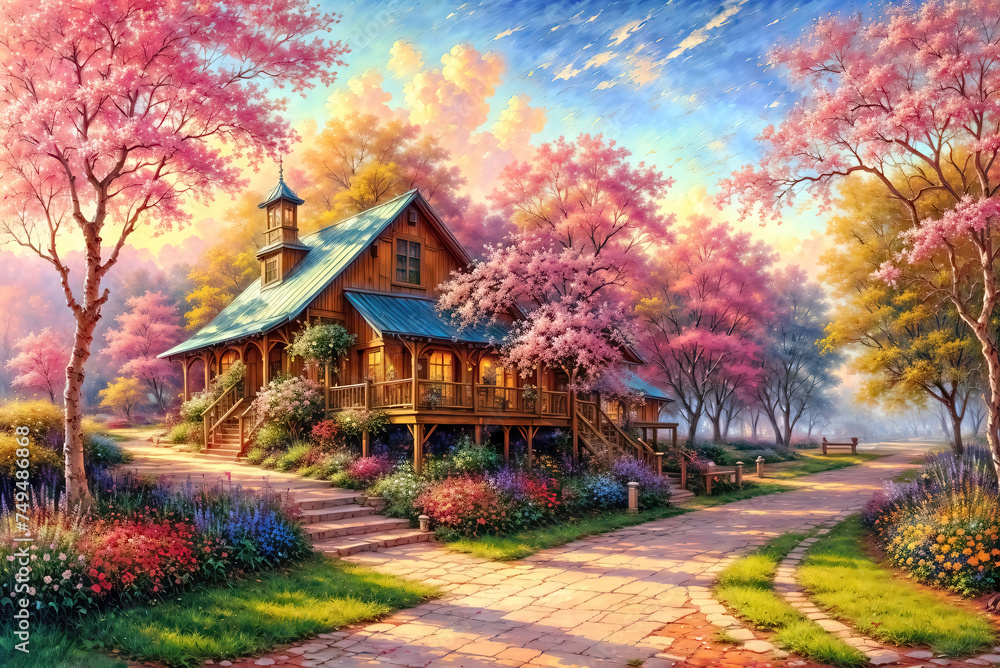 Beautiful idyllic view, oil painting of house and beautiful trees covered with flowers. Beautiful idyllic view, oil painting of house and beautiful trees covered with flowers.
