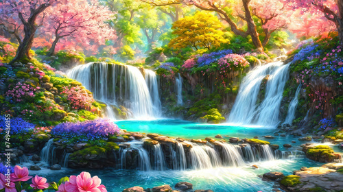 A beautiful paradise land full of flowers,  sakura trees, rivers and waterfalls, a blooming and magical idyllic Eden garden photo
