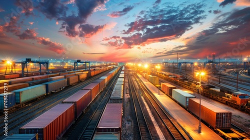 An active cargo train station captured during a stunning sunset, exemplifying transport, industry, and global commerce.