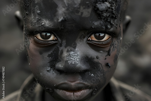 conceptual image African child who suffers working all day in inhumane conditions at cobalt mining in the Congo. bright impressive and fascinating photo
