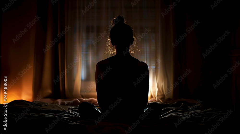 Amidst the quiet atmosphere of the dark room, there was a woman sitting lonely on the bed, evoking a sense of solitude and contemplation.
