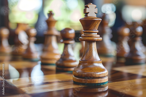 Wooden chess pieces stand on a chessboard, symbolizing business strategy, complex decisions, and life situations.