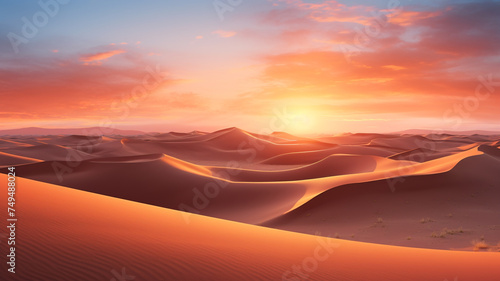 A quiet desert during sunset  portraying a tranquil and serene scene with the warm hues of the setting sun casting a peaceful glow over the landscape.