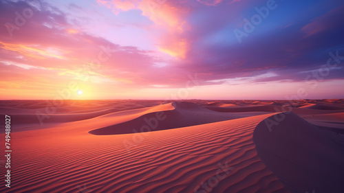 A quiet desert during sunset, portraying a tranquil and serene scene with the warm hues of the setting sun casting a peaceful glow over the landscape. photo