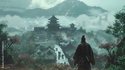 Shogun in front of feudal Japan village