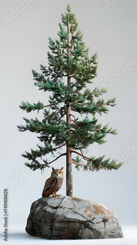 Model of pine tree and owl on a rock