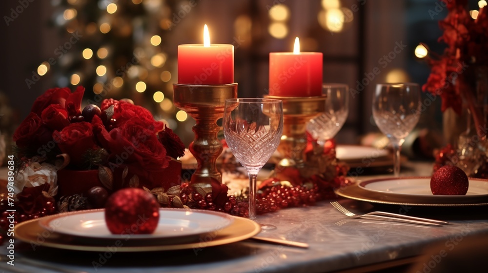 Detailed snapshot of a festive Christmas table setting with elegant decor, candles, and holiday-themed arrangements, ready for a celebratory feast