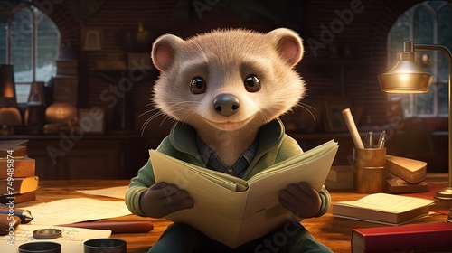 A mongoose in detective literature class, solving mysteries with a clue-finding ferret