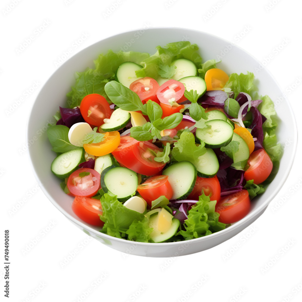 A vegetable salad is a healthy dish made from fresh, raw vegetables like lettuce, tomatoes, cucumbers, and carrots, often with dressing.