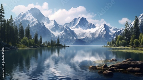 Realistic depiction of a quiet mountain lake surrounded by majestic peaks, portraying the serene beauty of untouched nature in stunning detail © Pixlab11