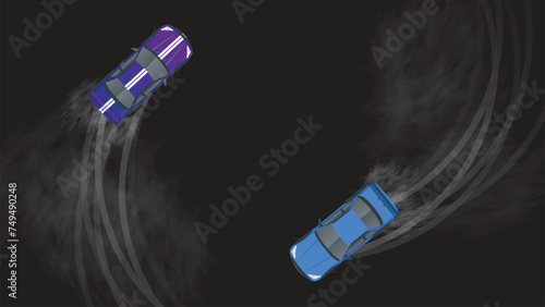 top view of car vehicle drift sport racing in curve black road