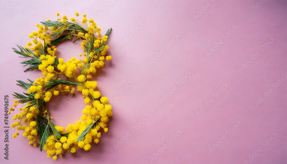 Yellow number 8 made from mimosa flowers on a pink background and copyspace on a side - Woman's day Yellow number 8 made from mimosa flowers on a pink background and copyspace on a side - Woman's day