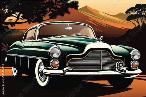 Illustration of an antique  vintage automobile. Vintage American car drawing in a retro style with an isolated background. Classic illustration of a retro automobile design from the past. Antique car.