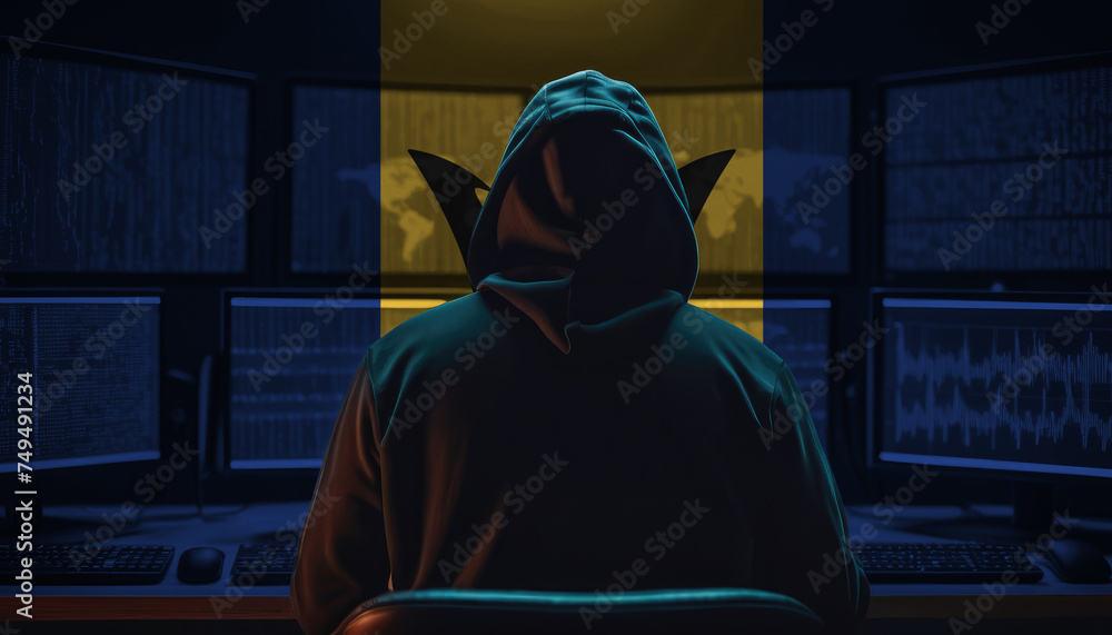 Cyber threat from the Barbados. Hacker at the computers on a background of monitors, colors of the Barbados flag.