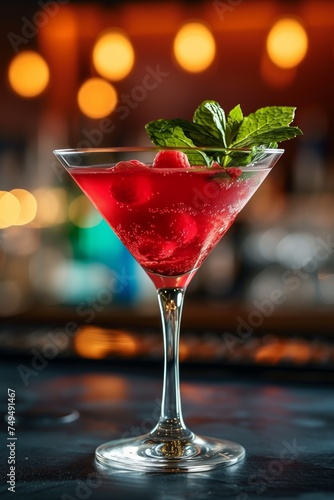 berry cocktail in a martini glass on a defocused bar background