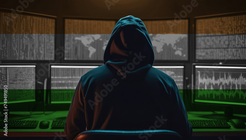 Cyber threat from the India. Hacker at the computers on a background of monitors, colors of the India flag.