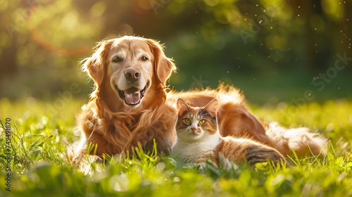 Cute dog and cat So fun lying together on a green grass field nature in a spring sunny bokeh background