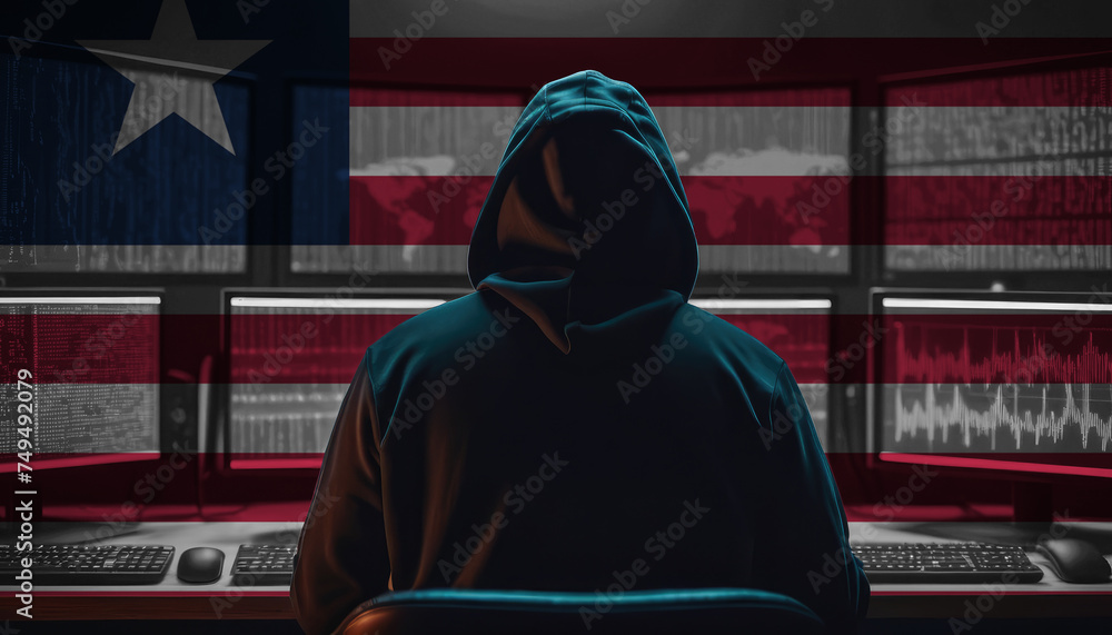 Cyber threat from the Liberia. Hacker at the computers on a background of monitors, colors of the Liberia flag.