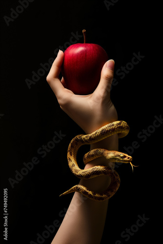 Woman grabbing a red fruit. Coiled snake. Temptation concept. Hand of Eve holding a red fruit and a snake coiled up her arm. Freewill. Fruit of good and evil. Disobedience concept. Isolated background photo