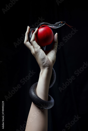 Isolated hand holding up a red apple. Temptation concept. Hand of Eve holding a red fruit and a snake coiled up her arm. Freewill. Fruit of good and evil. Disobedience concept. Isolated background.