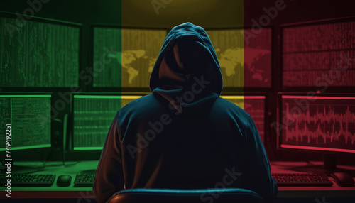 Cyber threat from the Mali. Hacker at the computers on a background of monitors, colors of the Mali flag.