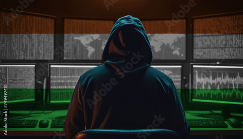 Cyber threat from the Niger. Hacker at the computers on a background of monitors, colors of the Niger flag.