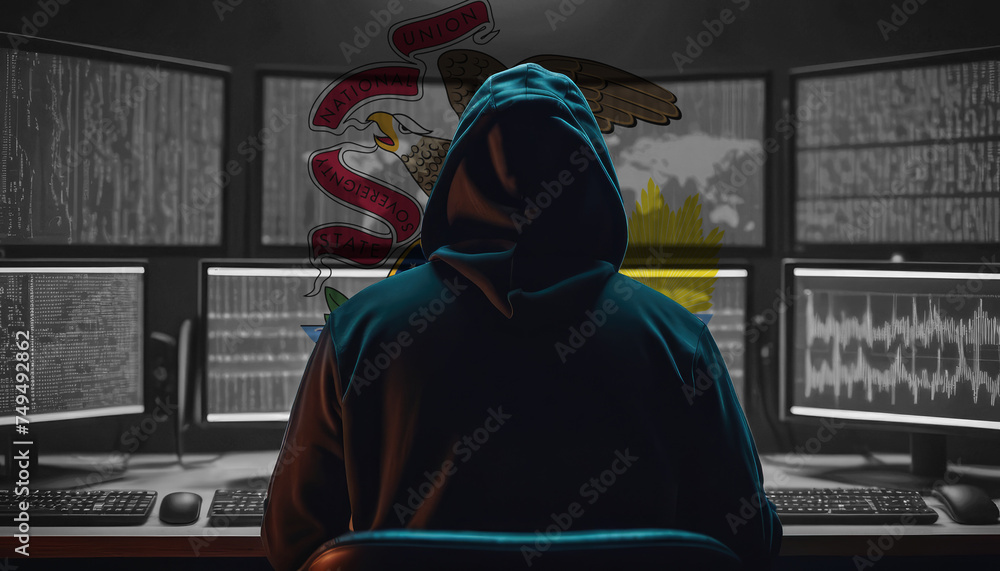 Cyber threat from the Illinois. Hacker at the computers on a background of monitors, colors of the Illinois flag.