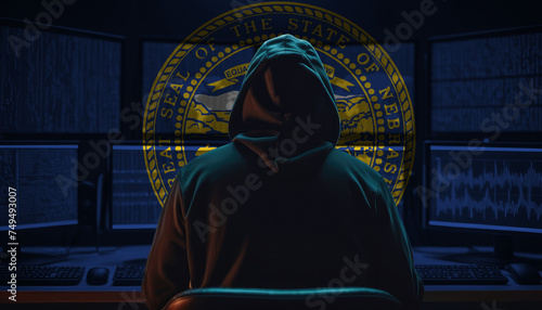 Cyber threat from the Nebraska. Hacker at the computers on a background of monitors  colors of the Nebraska flag.
