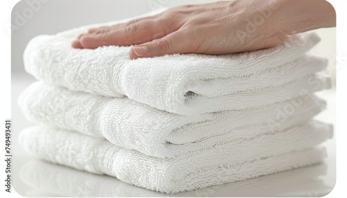 Professional chambermaid placing fresh towels in hotel room, close up shot with copy space for text