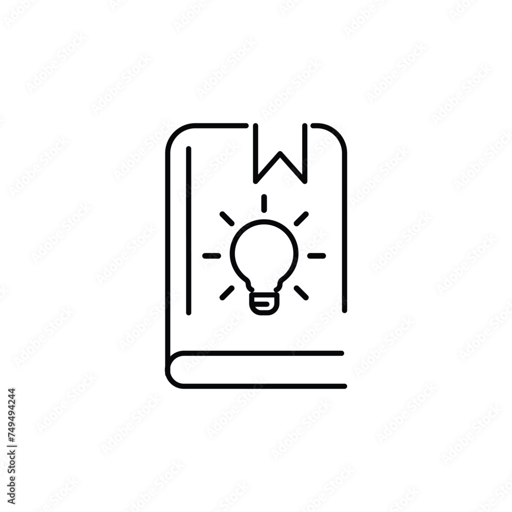abstract black icon with thin line book and light bulb. concept of business literature publishing or bookstore pictogram. linear trend modern brochure info logotype design element isolated on white abstract black icon with thin line book and light bulb. concept of business literature publishing or bookstore pictogram. linear trend modern brochure info logotype design element isolated on white