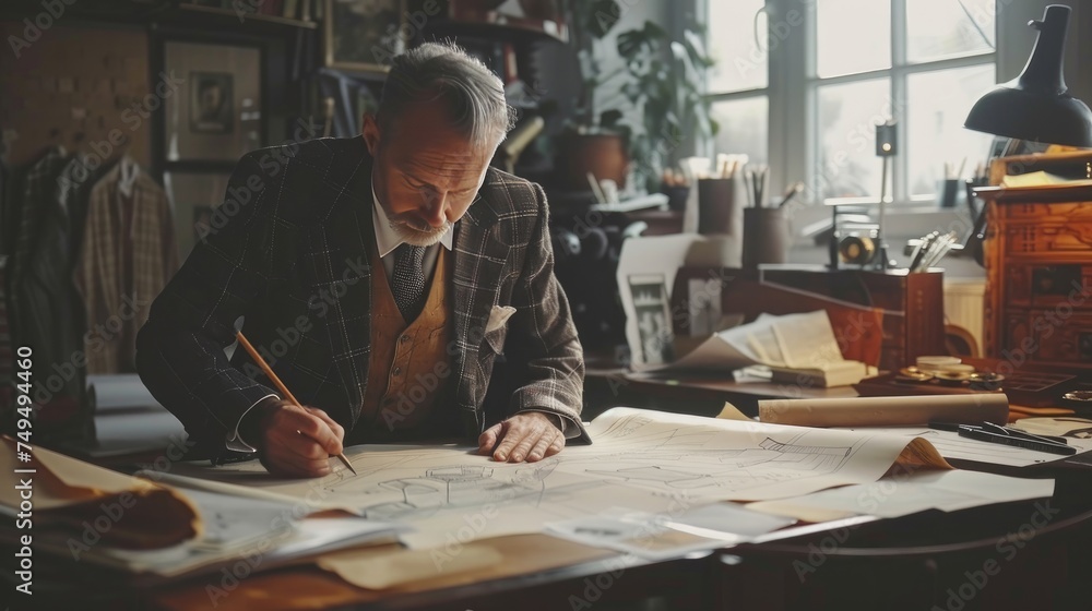 A seasoned tailor carefully drafts clothing patterns on paper in a well-lit, traditional workshop setting. A seasoned tailor carefully drafts clothing patterns on paper in a well-lit, traditional workshop setting.
