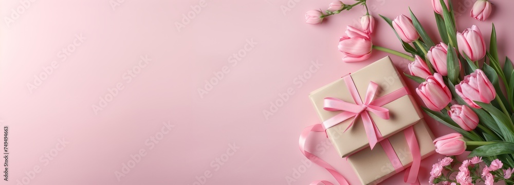elegant pink tulips with gift box for celebrating mother's day with space for text copy or product - obrazy, fototapety, plakaty 