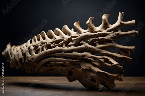 An Intricate Display of Vertebrate Anatomy: A Detailed Spine Structure Illuminated Against a Dark Background, generative AI photo