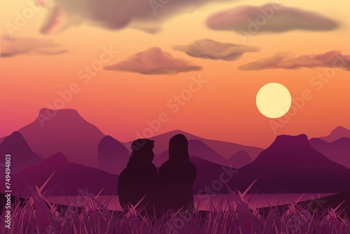 The man and girl standing watching the sunset. A couple is on a date at sunset. Lofi. Aesthetic