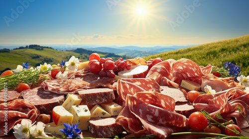 Fresh jamon with pieces of cheese and vegetables.