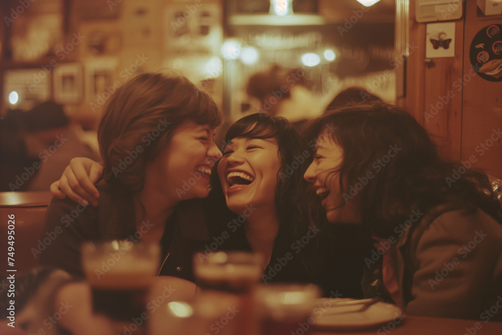 Retro Laughs: Friends Laughing Together at a Vintage Bar