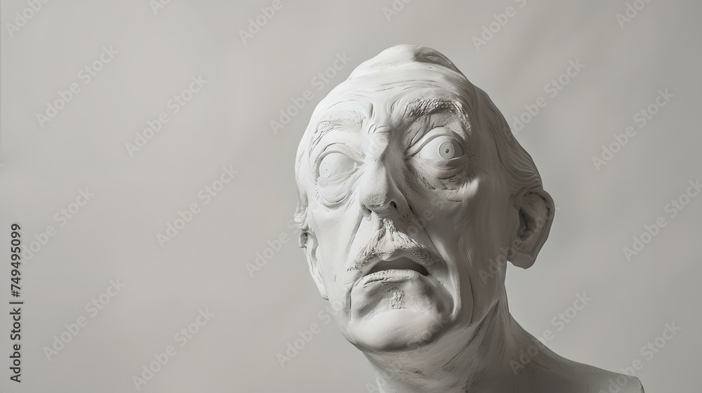 Surreal portrait of a distorted male face sculpture. artistic representation, emotive expression. black and white photograph. AI