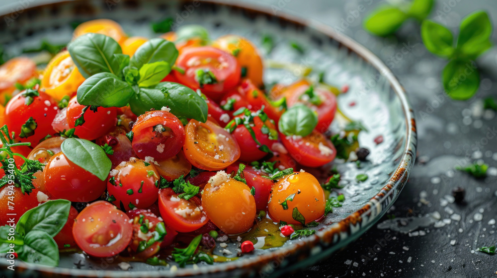 Tartar of fried tomatoes, peppers with sauce in a plate. Vegetarian food. Creative banner, copy space