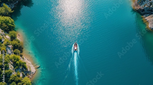 A drone captures a serene scene of a small boat sailing in crystal-clear blue ocean waters, near the coast, viewed from above