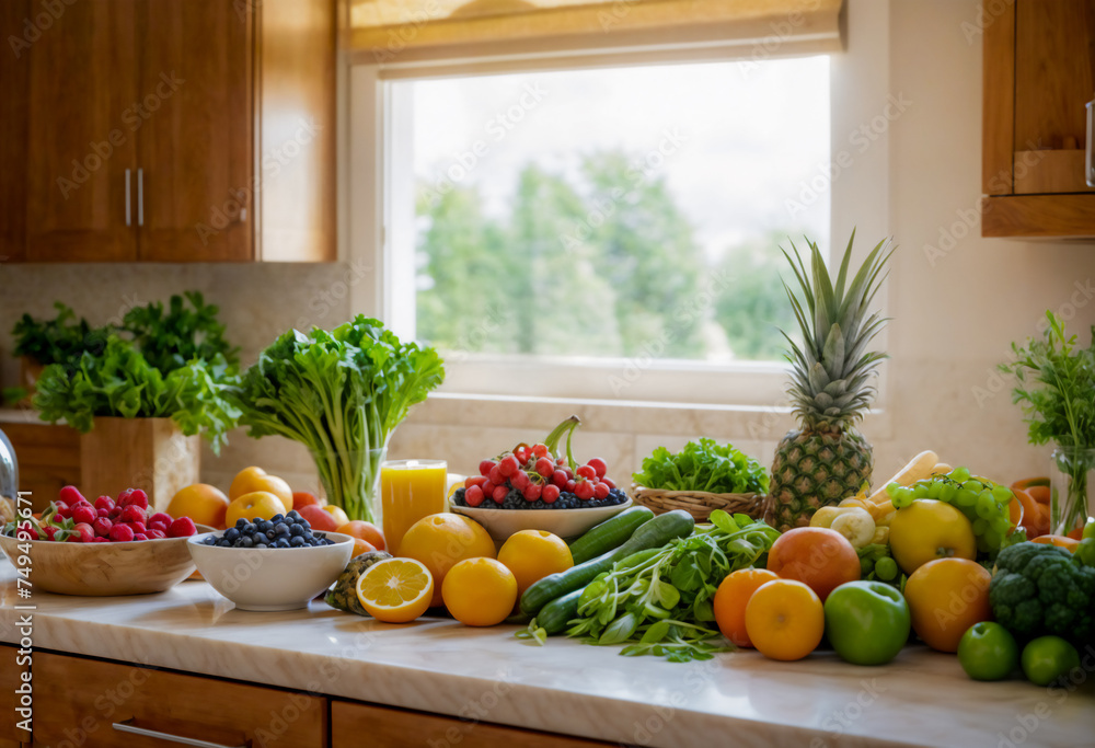 A vibrant selection of fresh fruits and vegetables spread out on a kitchen counter, highlighting a healthy lifestyle with a variety of colors and nutrients A vibrant selection of fresh fruits and vegetables spread out on a kitchen counter, highlighting a healthy lifestyle with a variety of colors and nutrients