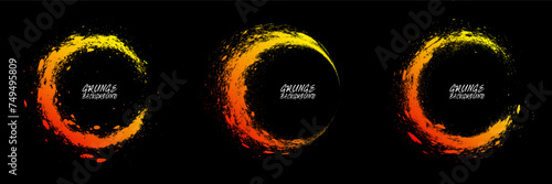 Graffiti circles texture effect set. Colorful paint brush strokes. Watercolour textured template. Yellow orange isolated on black background. Graphic design grunge style concept for banner, flyer, etc photo
