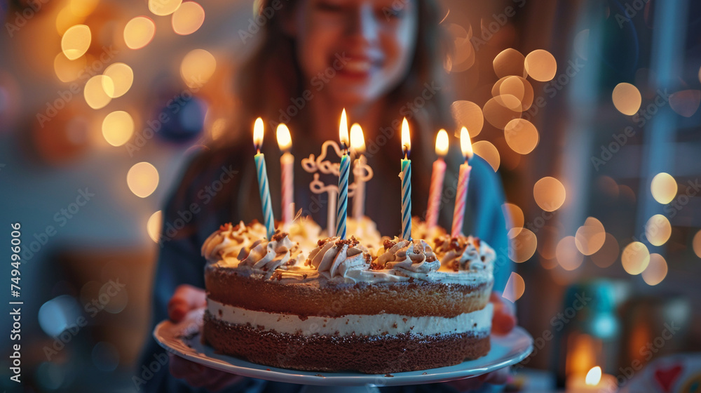 A birthday cake surrounded by lit candles